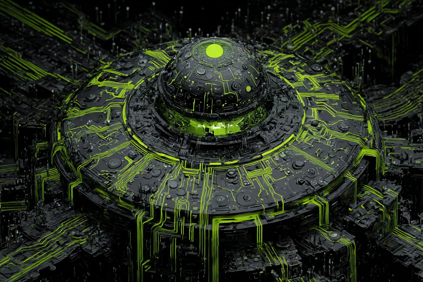 黄緑背景の中枢ユニット｜無機質な円形装置が中心に配置されたデジタル構造の背景で、黄緑の光が回路全体に流れ込み、近未来のサイバーパンクな世界観を演出しています。黄緑の背景がテクノロジーと冷たさを強調し、機械的な無機感を際立たせます。