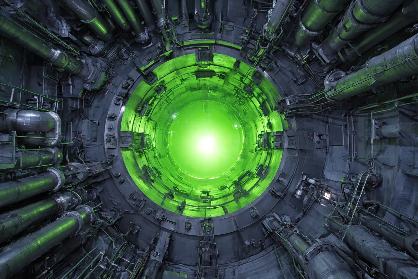 黄緑背景のエネルギー炉口｜巨大な機構の中心に発光する開口部があり、無機質なパイプや構造物に囲まれた構成です。黄緑の背景光が放射状に広がることで、SF的かつ冷却された実験施設のような印象を与えます。