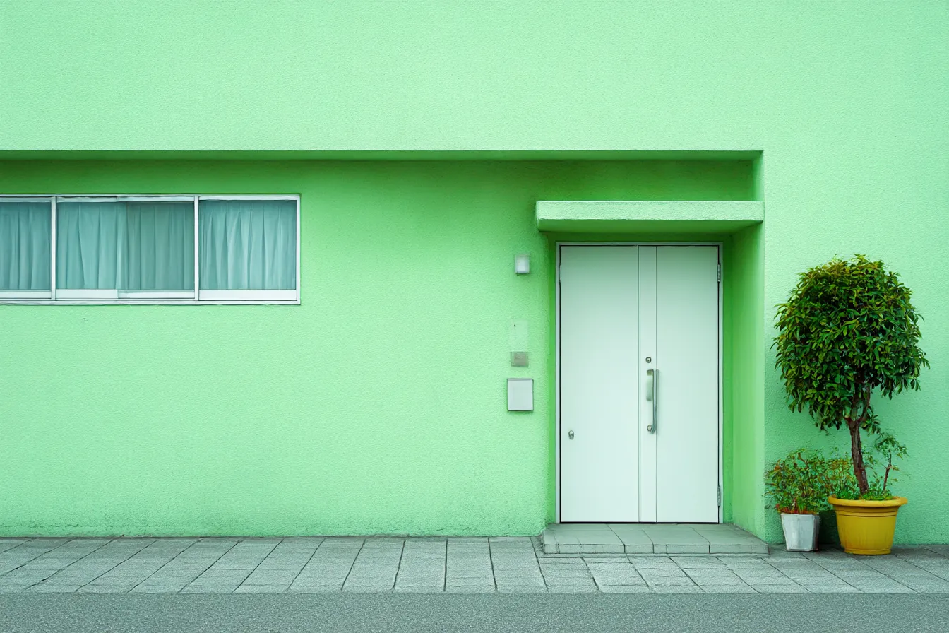 ミントグリーン背景と玄関ドア｜ミントグリーンの建物外壁を背景にした玄関ドアの構図。無機質で直線的なモチーフが整然と並び、明快な印象を与える背景素材。