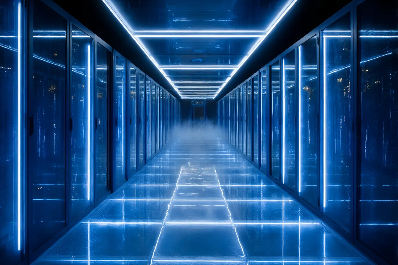 青背景と光るサーバールーム｜近未来的なサーバールームの通路がモチーフの青背景。鏡面反射と直線光が強調され、無機質な冷たさと緊張感を生む背景素材。