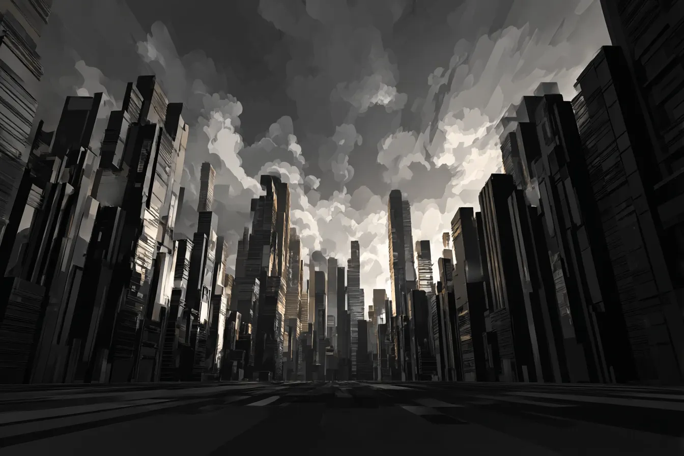 黒背景の近未来都市構造｜鋭利で密集した高層ビル群が無機質に広がる景観。黒背景により建造物の構造が際立ち、未来的でクールな世界観を形成している。