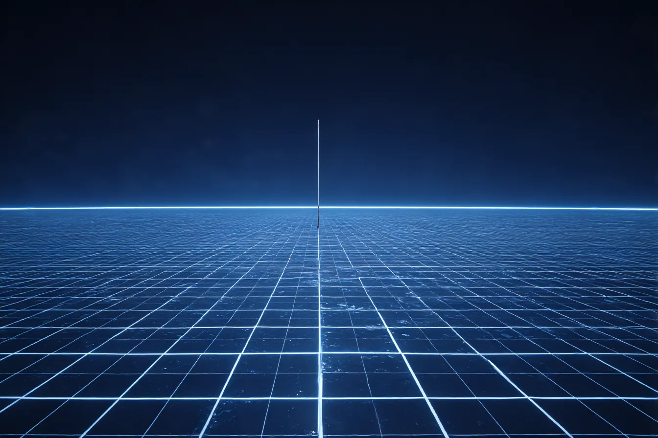 青背景とグリッドの地平線｜広がるグリッド床と中央に立つポールが印象的な構図の青背景。幾何学的構成が特徴で、無機質で抽象的な奥行きのある背景素材。