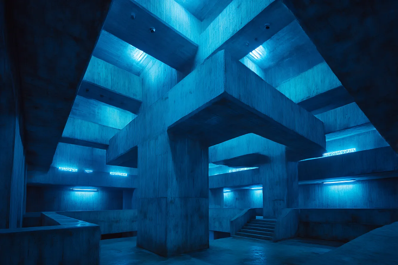 青背景と巨大なコンクリート構造｜階層的に組まれた構造物が重厚な印象を与える青背景。光と影の対比が際立ち、無機質モチーフの存在感が強調された背景素材。