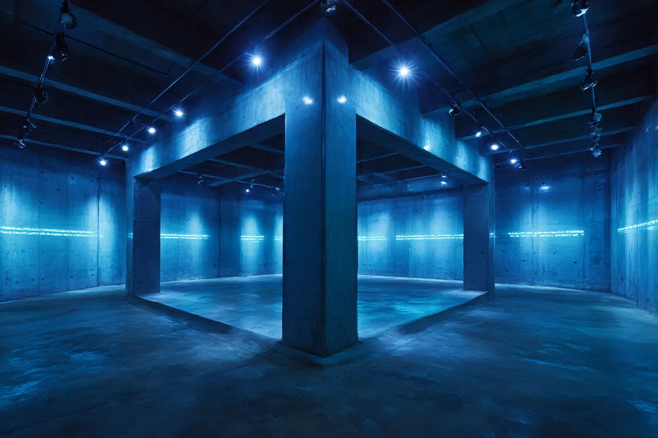 青背景と展示照明の空間｜照明が照らす展示室のような空間構成の青背景。整然としたコンクリートとライティングが無機質な美しさを際立たせた背景素材。