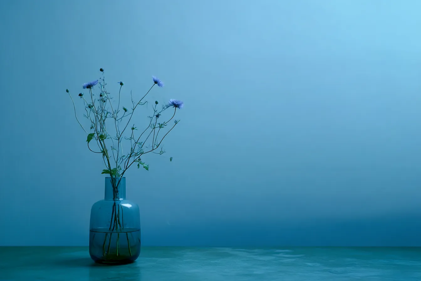 水色背景と一輪挿しの花瓶｜ミニマルな構図で花瓶が置かれた水色背景。シンプルな配色と空間バランスにより、無機質モチーフが静謐な印象を与える背景素材。