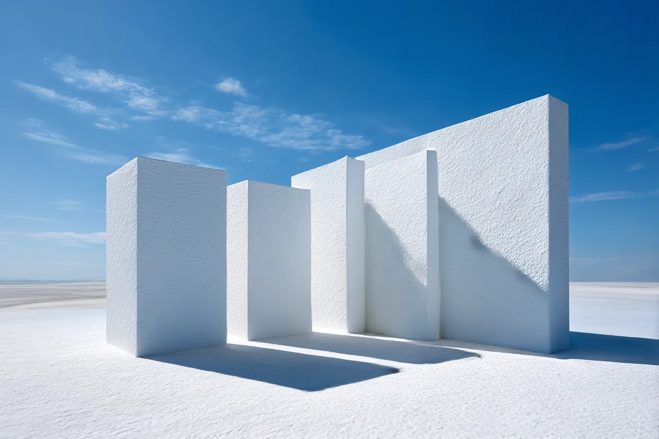 白背景の立方モニュメント｜澄み切った空と無機的な白い立体が調和する構図。シャープな影が際立ち、白背景の中で構造物の存在感が際立つ静謐な印象を与える。