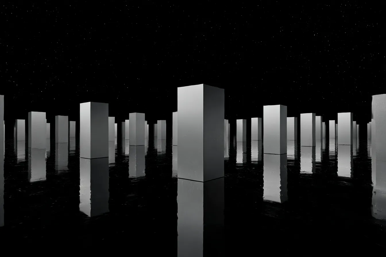銀色背景と夜空に並ぶ直方体群｜水面に反射する直方体がリズムを刻む銀色背景。黒い空間との対比により、無機質な静寂と抽象性が際立つ背景素材。