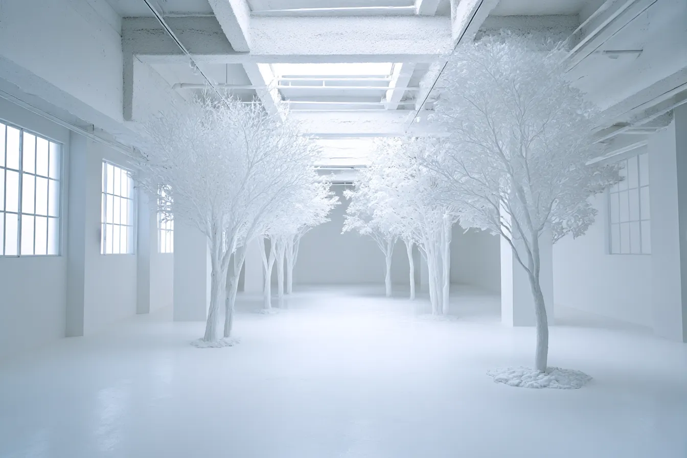 白背景の室内ツリーインスタレーション｜人工物と自然の融合を感じさせる白一色の空間。白背景が木々の繊細な形状を際立たせ、幻想的でクリーンな雰囲気を演出している。