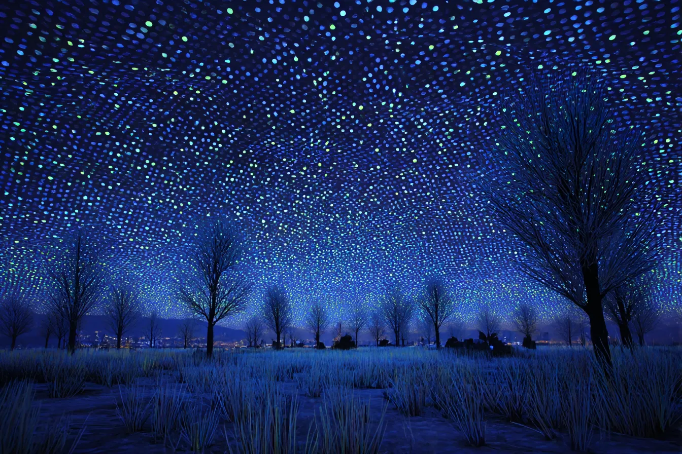 ドット背景と幻想的な夜の野原｜夜空に広がる無数の光点が印象的なドット背景。冷たい色調と広がりが幻想的かつ無機質な静謐を演出する背景素材。