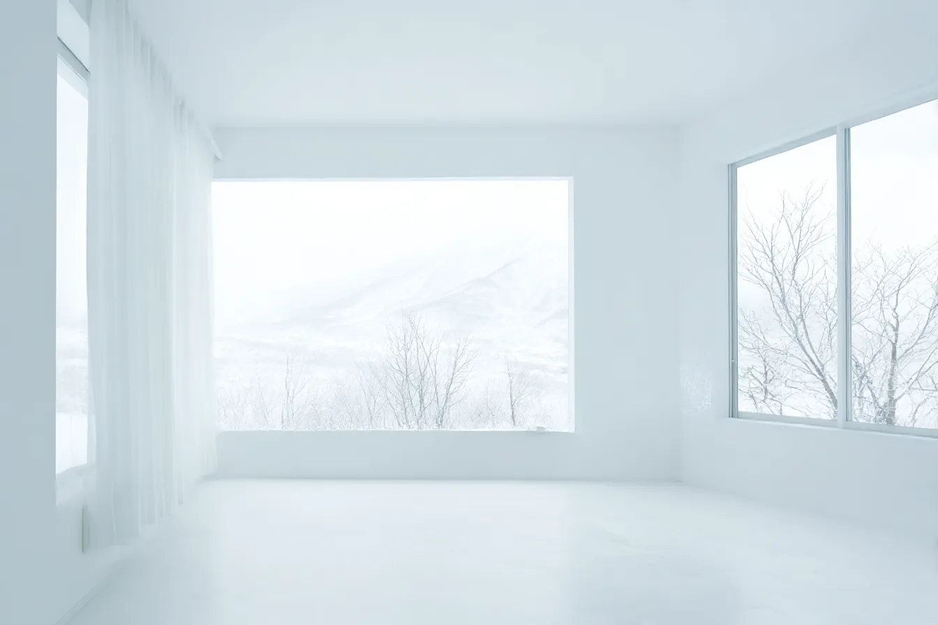 白背景のパノラマウィンドウ｜大開口の窓から広がる自然を抽象化。白背景が室内と屋外の境界を曖昧にし、空間が浮遊するような静けさを醸し出している。