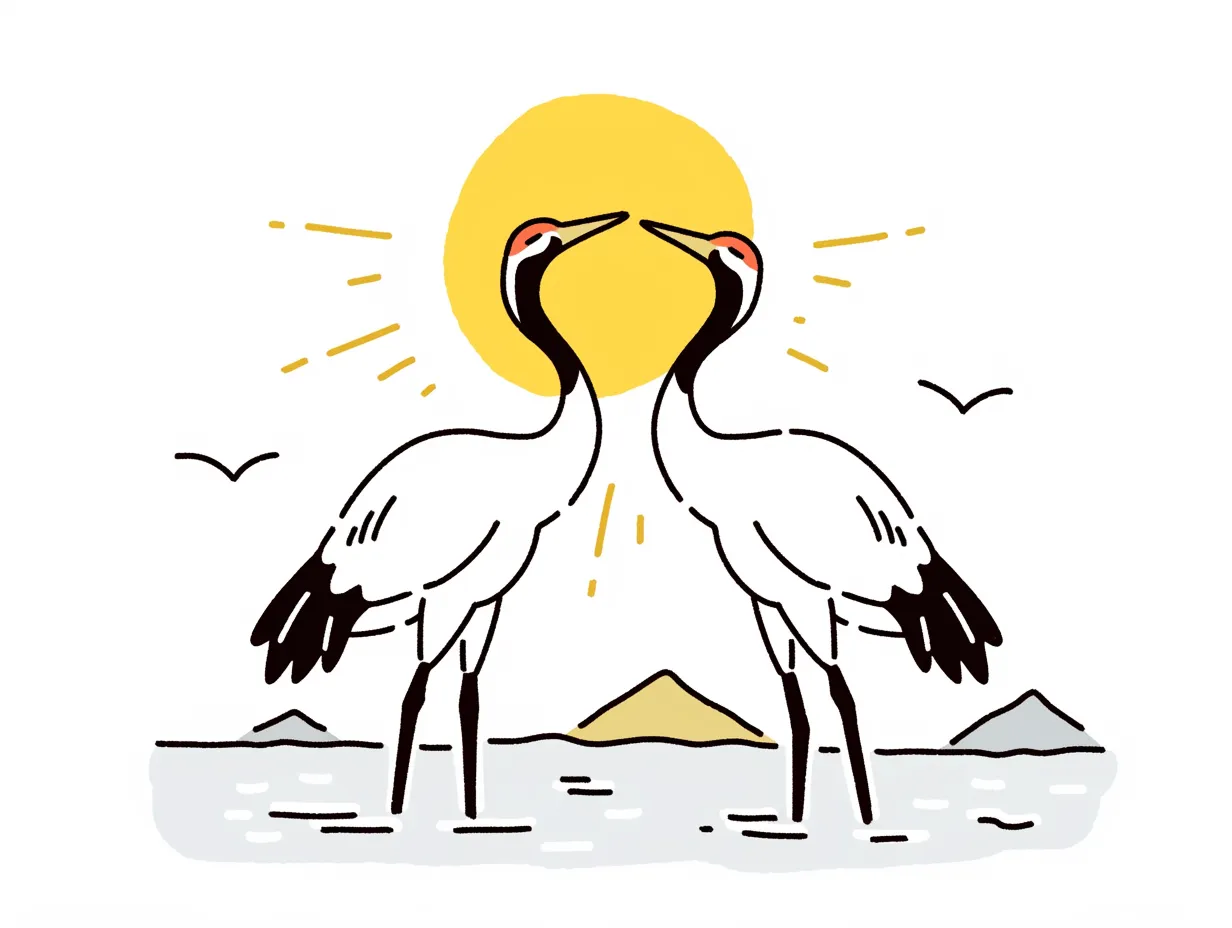和風鶴が並ぶ日の出風イラスト｜太陽を背景に向かい合う二羽の鶴が、静けさと絆を感じさせる構図です。手描き風の柔らかな線が和風の趣を引き立て、穏やかな雰囲気を演出しています。