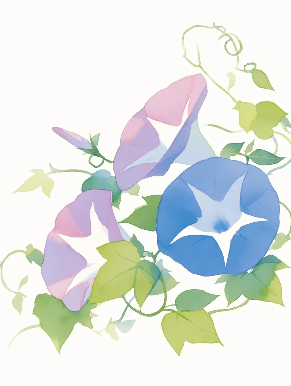 7月の花 透明感のあるあさがお｜淡い色彩が美しい水彩風のあさがおが描かれた一枚。葉の緑と花の青紫のコントラストが絶妙で、涼しげな印象を与える。7月の花の風情が優雅に表現されたアートな作品。