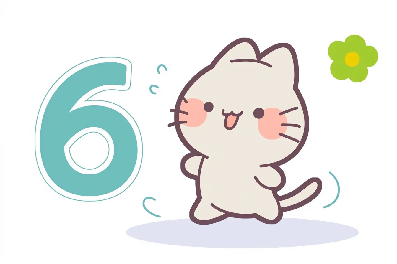 6月の猫と数字｜楽しげに数字の6の横で歩く猫が描かれた、明るい印象のデザイン。丸みのある線と淡い色合いが柔らかく、動物の可愛らしさと6月の軽やかさを感じさせる。