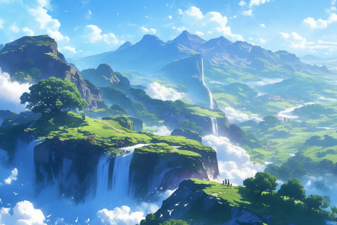 壮大な山と滝の綺麗な景色｜雄大な山々と滝が広がる光景は、ファンタジー調の画風で描かれており、迫力と爽快感を兼ね備えた綺麗な景色として利用価値が高いビジネス写真素材です。