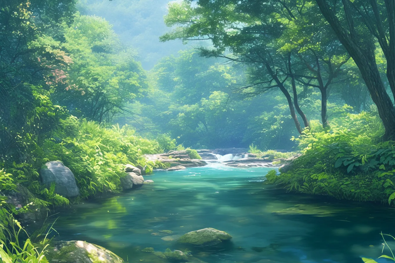 水辺と草花が咲く綺麗な景色｜川辺に咲く草花と青空の調和は、鮮やかで心地よい印象を与える構図で、優雅さを演出できる綺麗な景色として活用可能です。