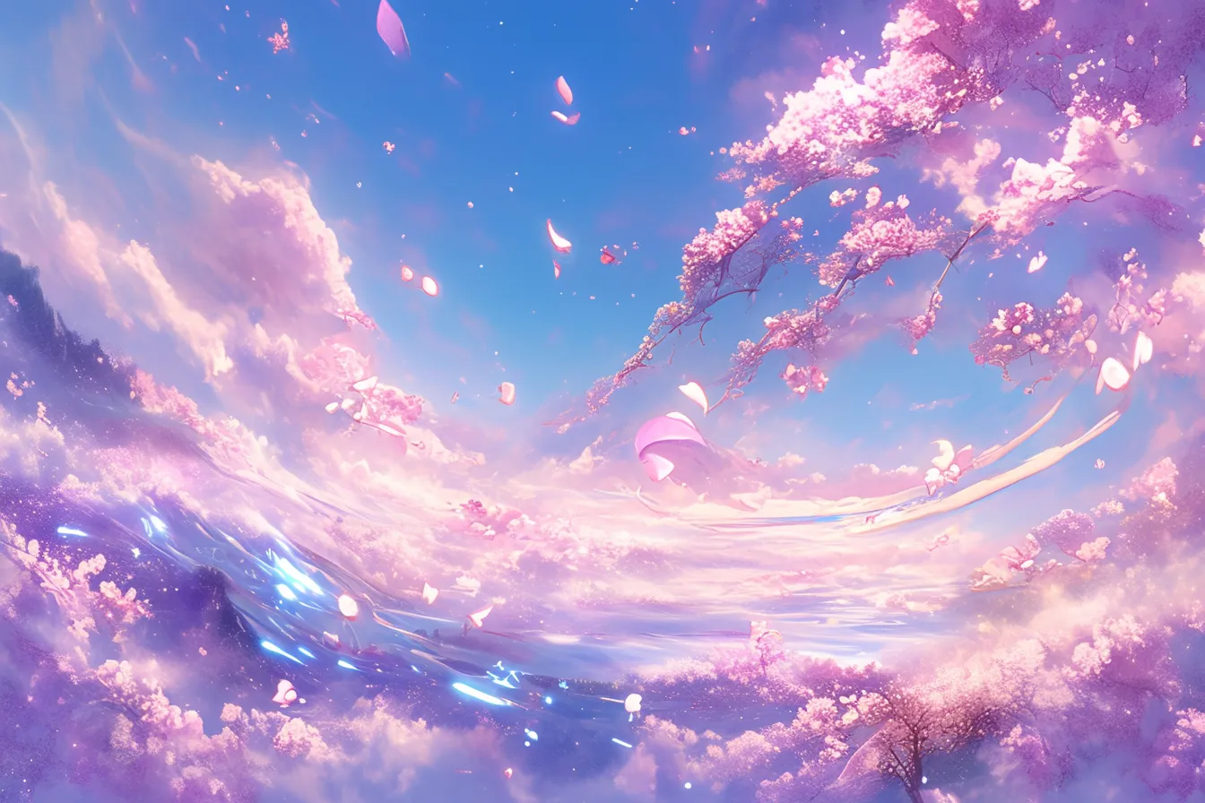 綺麗な春の桜と幻想的な空｜舞い散る花びらと広がる雲が幻想的な綺麗な春の素材です。独創的でアート的な表現が、クリエイティブなデザインに向いています。