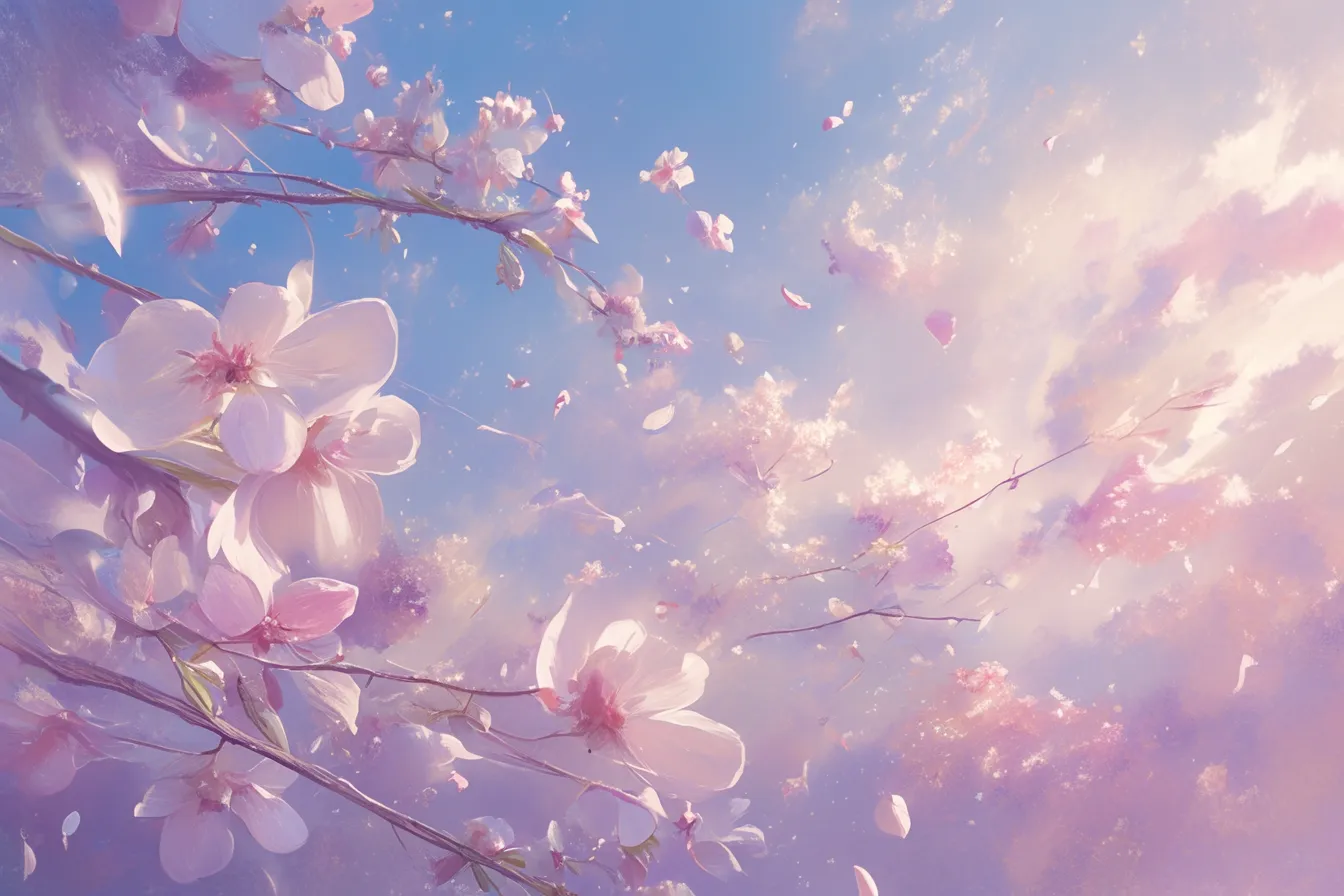 綺麗な春の桜と柔らかな花びら｜繊細に描かれた桜の花びらが浮かぶ綺麗な春の素材です。ロマンチックで柔らかな雰囲気がブライダルやギフトのデザインに活かせます。