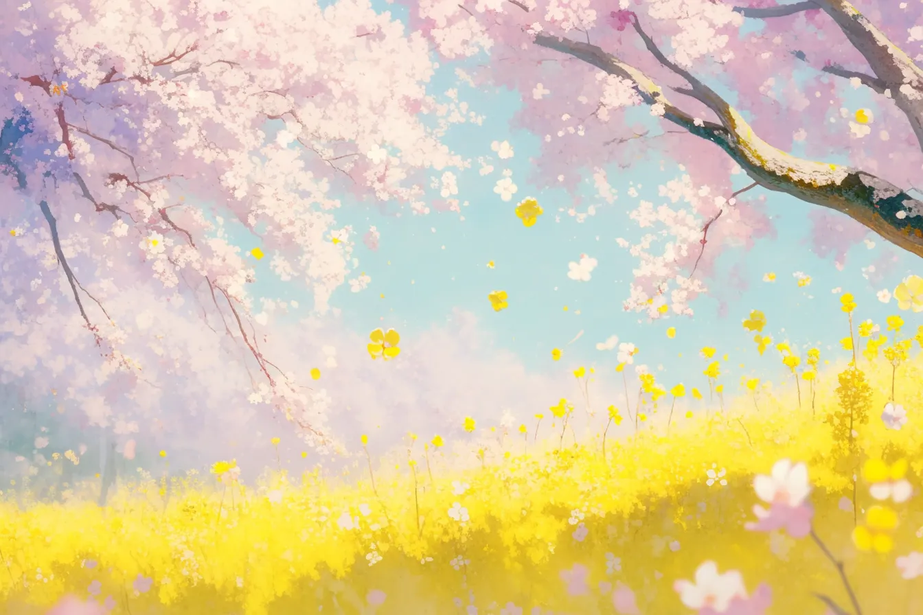 綺麗な春の桜と菜の花の景色｜桜の枝と黄色い菜の花畑が広がる綺麗な春の素材です。柔らかな色彩と構図が印象的で、広告や季節のキャンペーンに活用しやすいデザインです。
