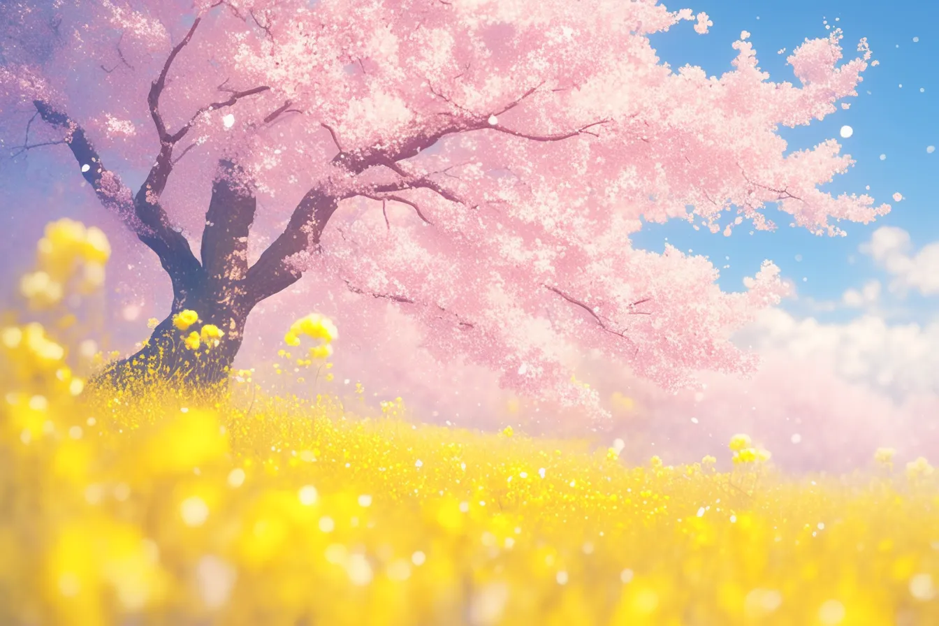 綺麗な春の大きな桜の木と菜の花｜満開の桜の木と一面に咲く菜の花が鮮やかな綺麗な春の素材です。明るさと華やかさを強調し、観光やイベント告知に最適です。
