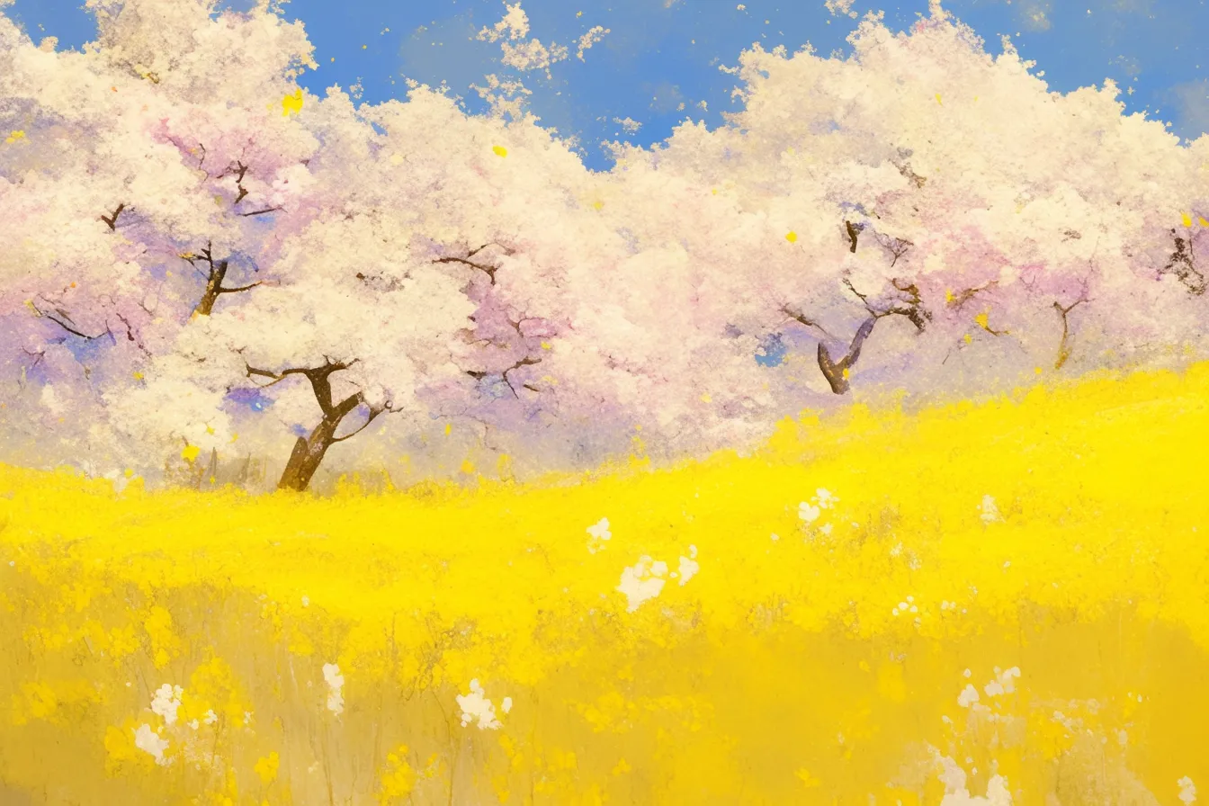 綺麗な春の桜並木と黄色い花畑｜桜並木の背景に広がる菜の花畑が美しい綺麗な春の素材です。鮮やかで爽やかなトーンが、季節感を演出する広告や背景に適しています。