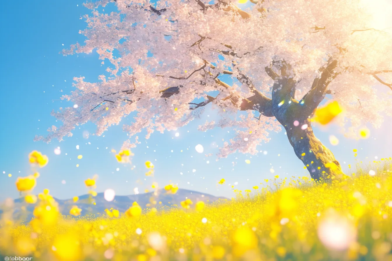 綺麗な春の一本桜と菜の花畑｜大きな桜の木と鮮やかな菜の花が調和する綺麗な春の素材です。光を活かした描写が印象的で、ポスターや観光関連に効果的に利用できます。
