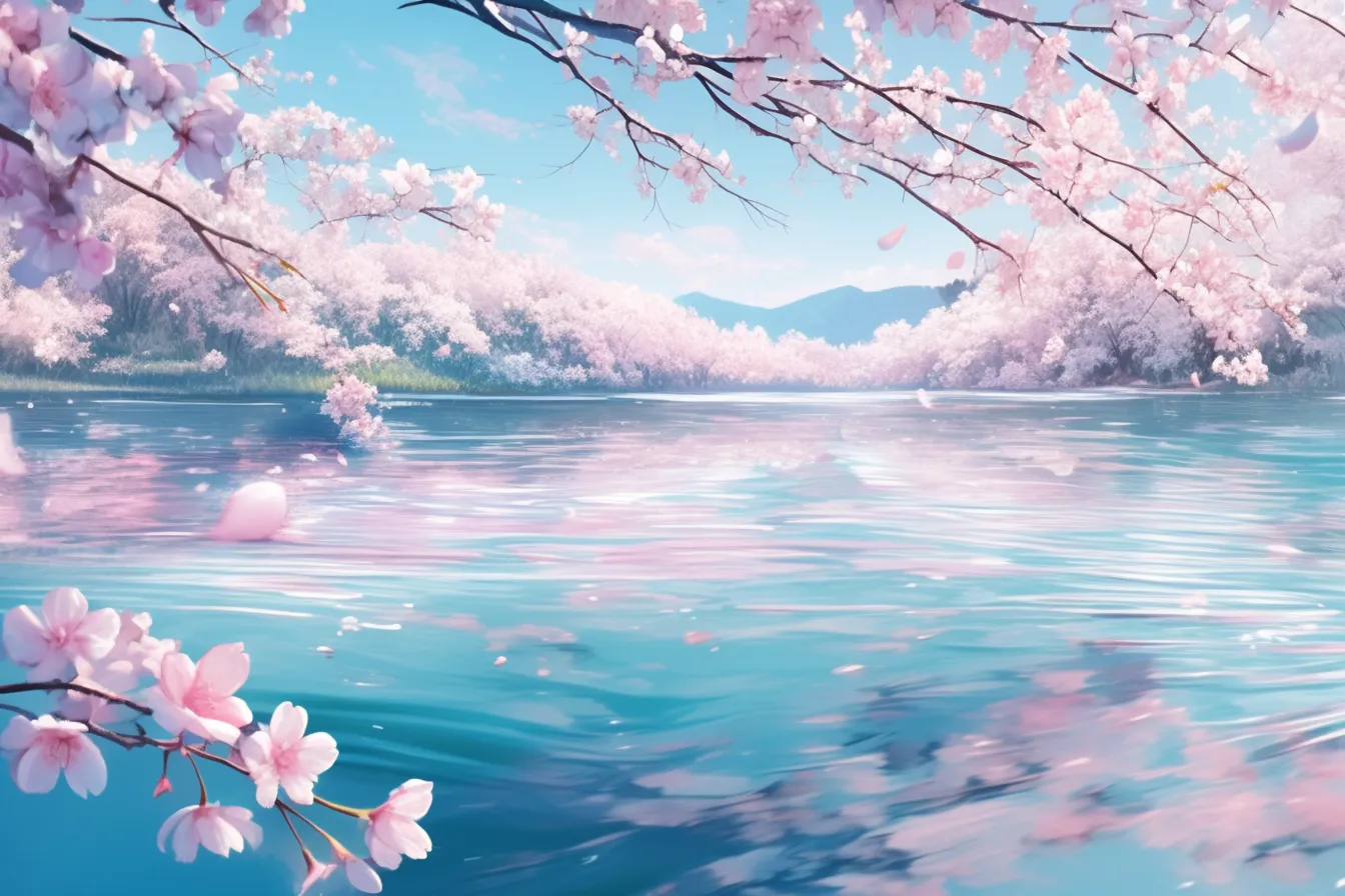 綺麗な春の桜と湖の景色｜湖畔に咲き誇る桜と水面の柔らかな反射が美しい綺麗な春の素材です。爽やかで透明感のある描写は観光や広告の背景に活用しやすいデザインです。