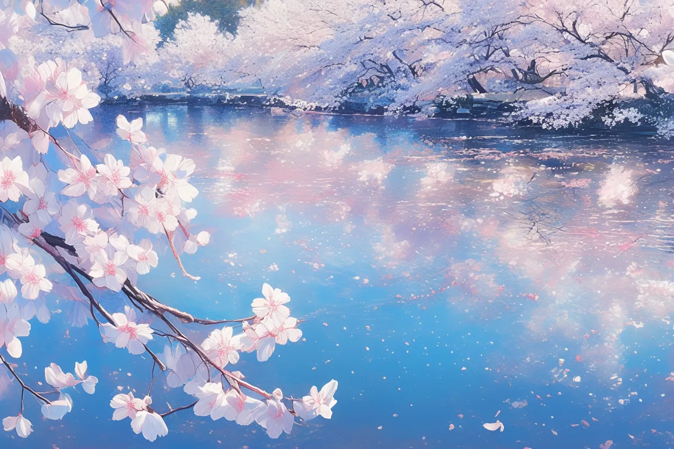 綺麗な春の桜と川辺の花びら｜桜の枝と川面に舞う花びらが印象的な綺麗な春の素材です。柔らかな光と彩りが特徴で、イベントや季節感を表現する素材として適しています。