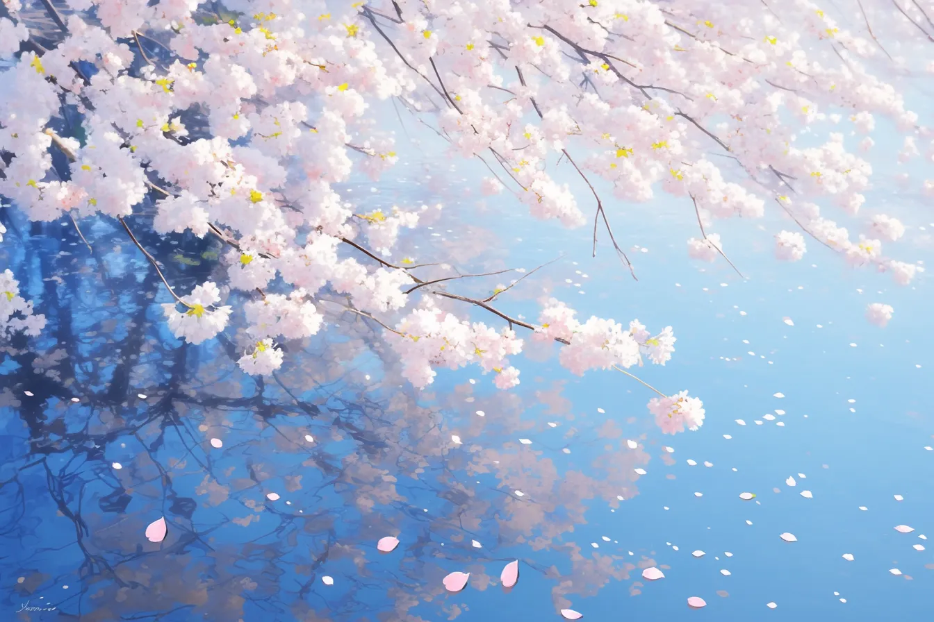 綺麗な春の桜と水面の映り込み｜川面に映る桜の枝と舞い落ちる花びらが繊細に描かれた綺麗な春の素材です。幻想的な雰囲気があり、ポスターやプロモーションに効果的です。