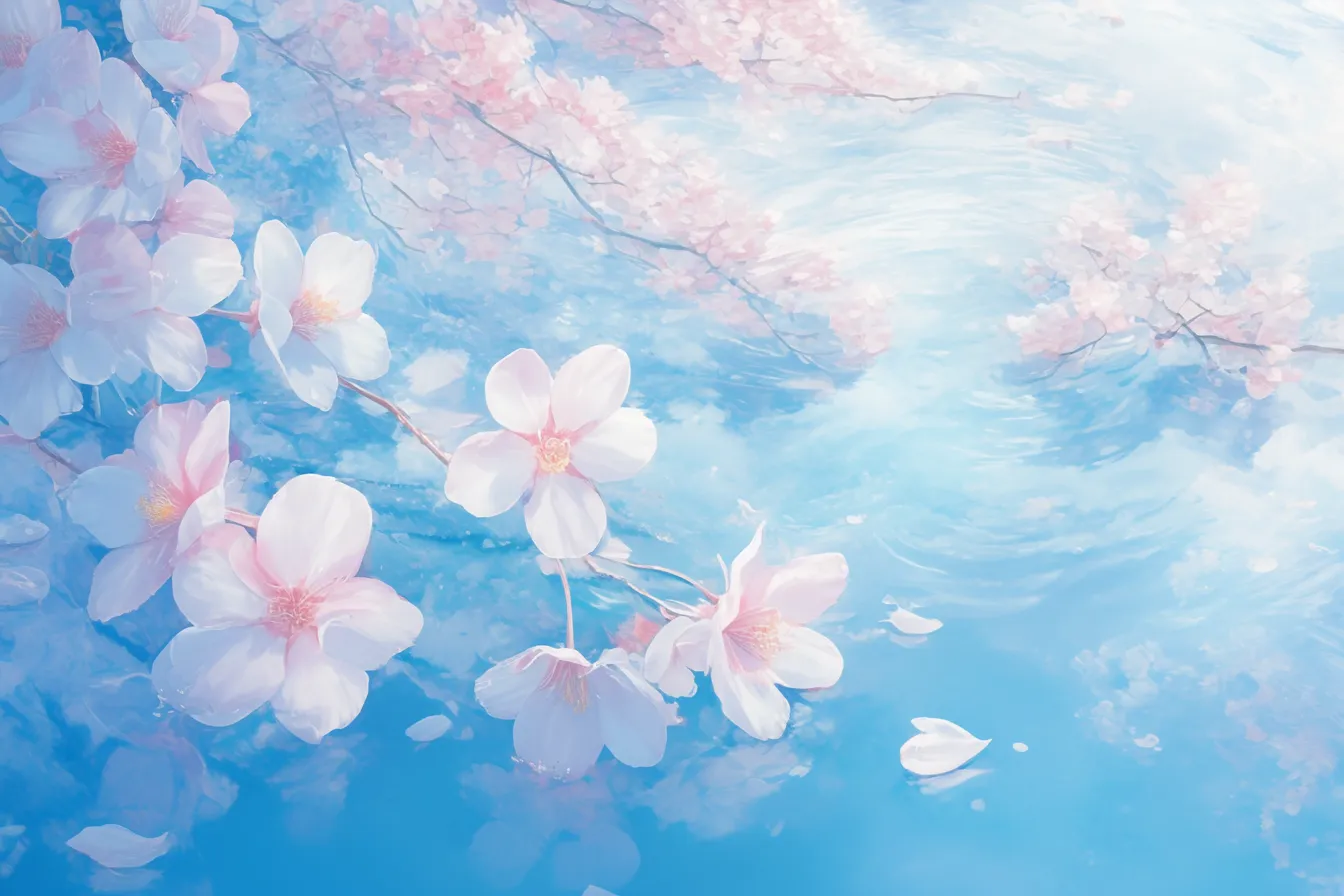 綺麗な春の水面と桜の花｜淡いブルーの水面に浮かぶ桜の花が美しい綺麗な春の素材です。柔らかいタッチと上品な色彩が特徴で、商品イメージや広告背景に適しています。