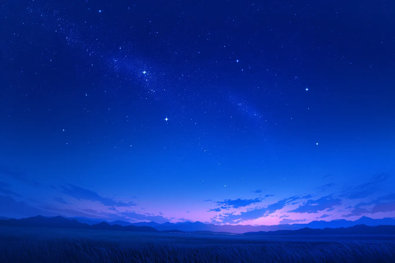 星空と山並みの綺麗な空｜深い青の夜空に輝く星と山並みが広がる幻想的な構図。透明感のある色彩が印象的で、静けさを演出する綺麗な空として使いやすい素材です。
