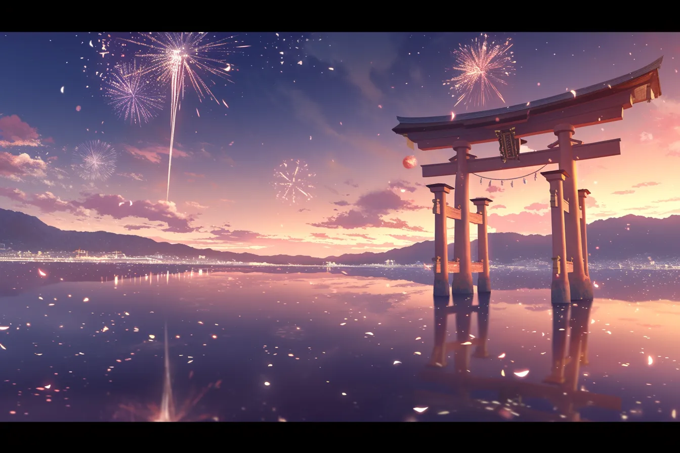 綺麗な夏の鳥居と花火｜夕暮れの海に浮かぶ鳥居と花火を組み合わせた幻想的な構図。やわらかな光のグラデーションと水面の反射が印象的で、綺麗な夏の風情を表現したビジネス写真素材として利用価値が高い。