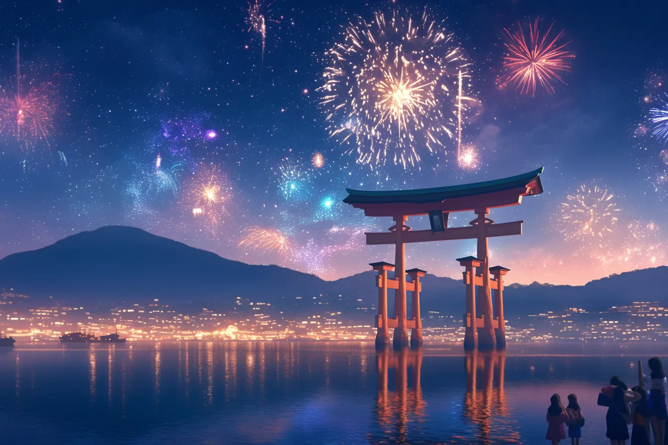 綺麗な夏の夜空と鳥居｜花火が夜空いっぱいに広がる華やかなシーン。鳥居と街明かりが調和し、綺麗な夏の祭りの賑やかさを象徴する構図で、広告や観光プロモーション素材に適している。