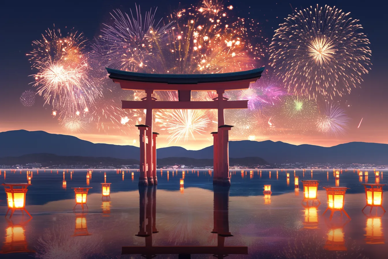 綺麗な夏の鳥居と灯籠｜水辺に立つ鳥居と灯籠、そして大輪の花火を重ねた荘厳な風景。伝統と季節感を強調し、綺麗な夏を象徴する和のイメージを演出する写真素材として映える。