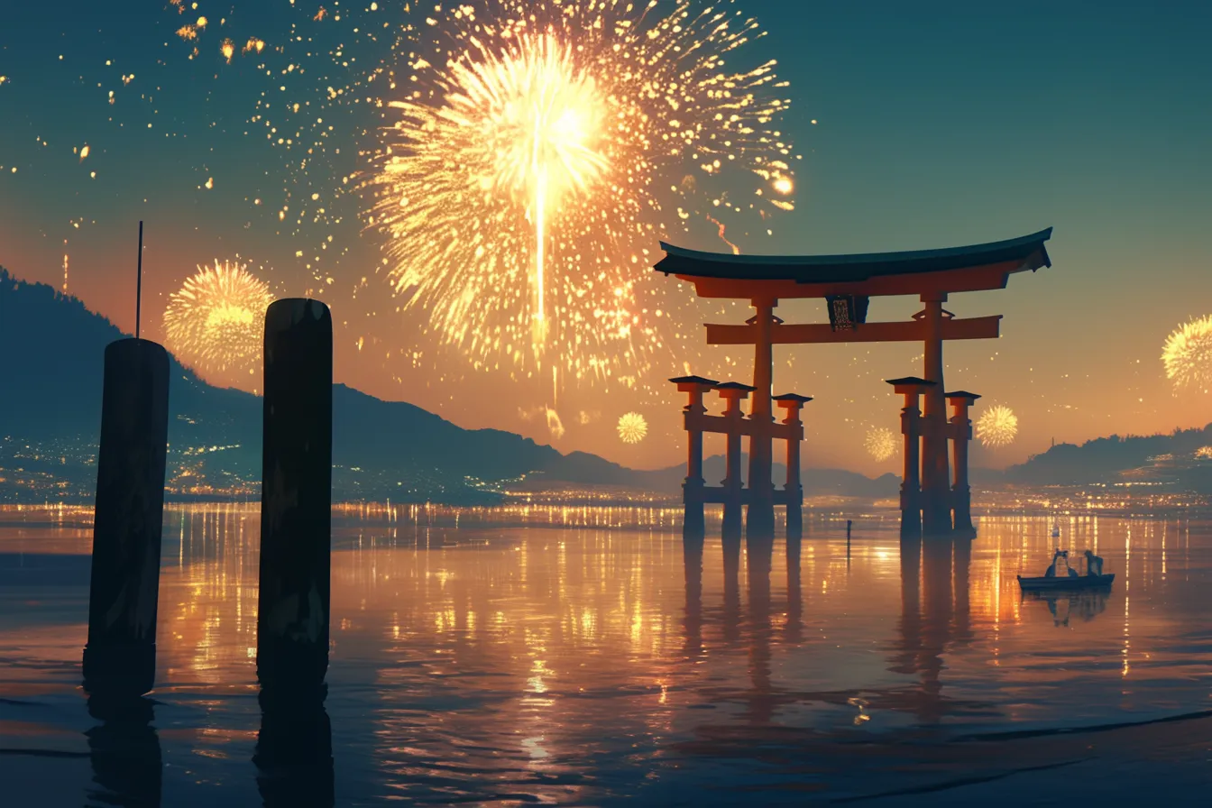 綺麗な夏の鳥居と黄金花火｜夜空に広がる黄金色の花火と鳥居がシルエットで浮かぶ構図。温かみと迫力を併せ持ち、綺麗な夏の夜を印象づける素材でイベントやポスター利用に向いている。