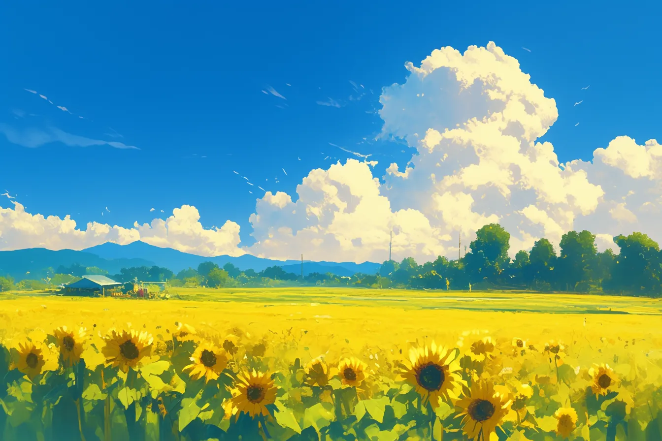 綺麗な夏のひまわり畑｜青空とひまわりが広がる鮮やかな風景。力強い黄色と澄んだ空のコントラストが美しく、綺麗な夏の生命力を伝える写真素材として教育や観光用途に適する。