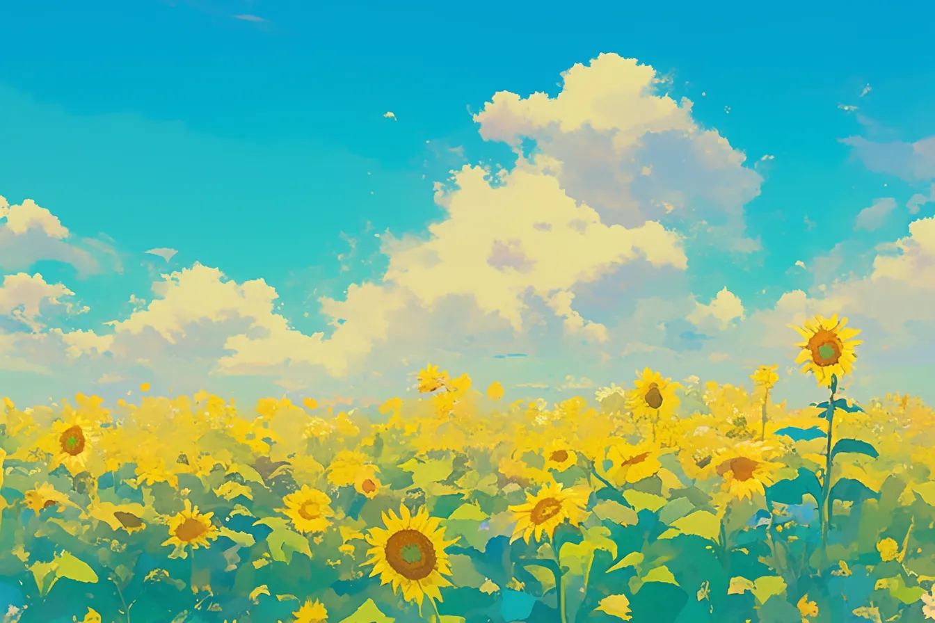 綺麗な夏の青空とひまわり｜無数のひまわりと広がる青空を描いた爽快な構図。雲の立体感と色彩の鮮やかさが印象的で、綺麗な夏をイメージさせる広告やパンフレットに活用しやすい。