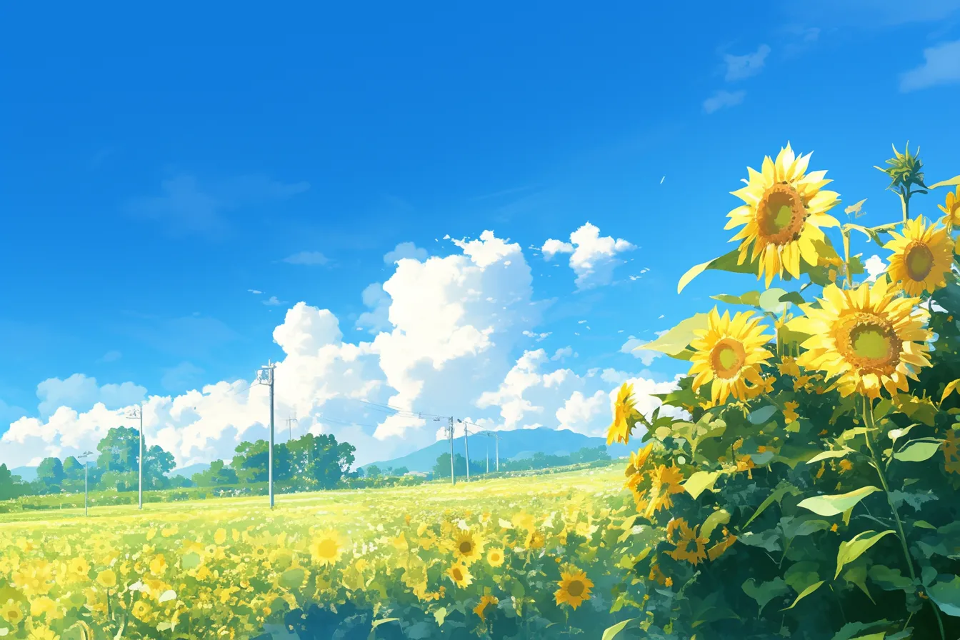 綺麗な夏のひまわりと雲景色｜ひまわり畑と入道雲を組み合わせた夏らしい風景。自然のスケール感と彩度の高い描写が目を引き、綺麗な夏を強調した販促用ビジュアルに適している。