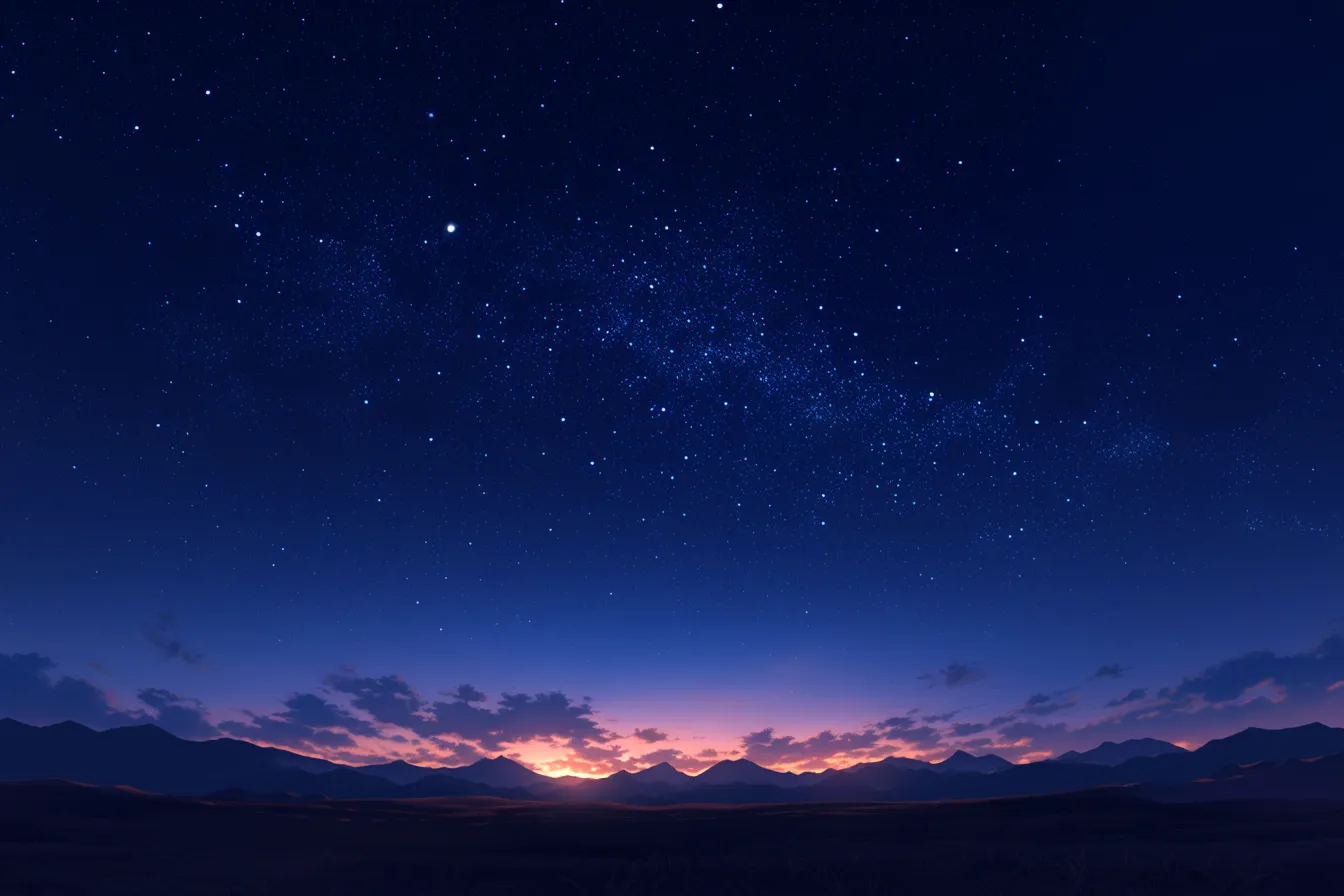夜明けの星空と綺麗な空｜星々が残る夜明けの空に柔らかな朝焼けが重なり、光の移ろいが美しく表現されています。時間の変化を描く綺麗な空の写真素材です。