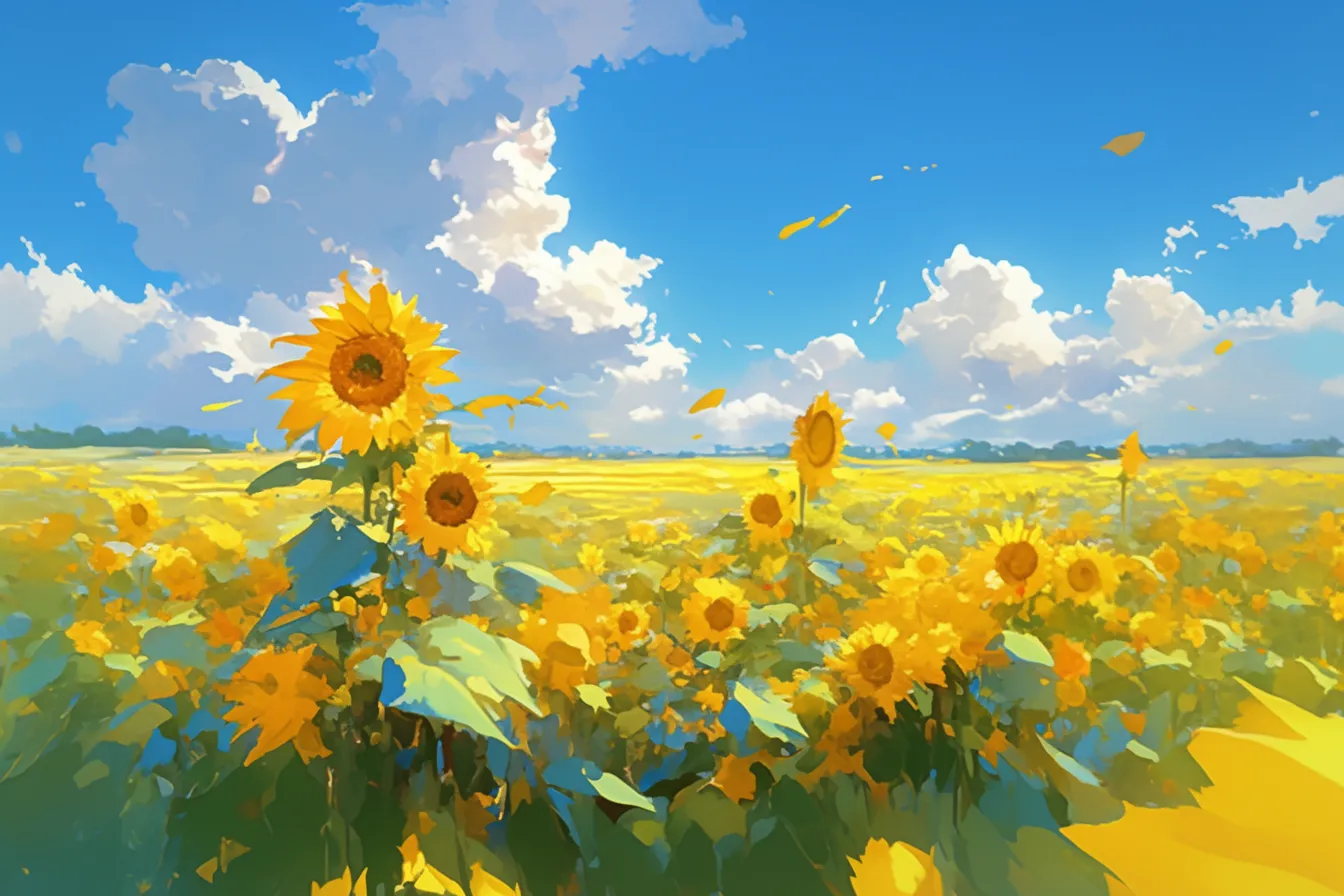 綺麗な夏のひまわりと風景画｜風に揺れるひまわりと青空が広がる印象派風の描写。軽やかなタッチで綺麗な夏を表現し、ポスターやカレンダー向けのビジネス写真素材として映える。