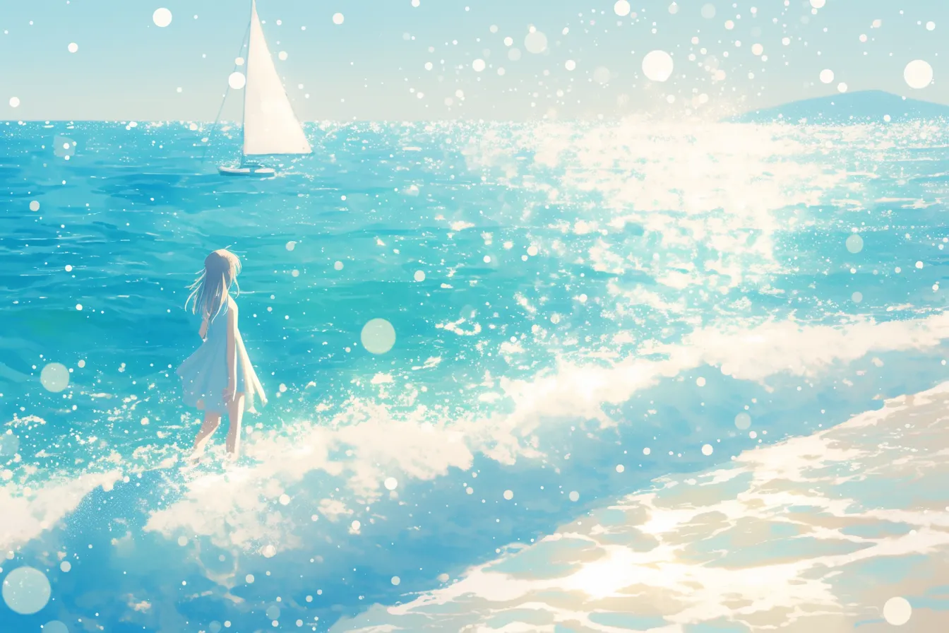 綺麗な夏の海辺と少女｜青空の下、白いワンピースの少女が波打ち際に立つ爽やかな構図。水面の反射と帆船が加わり、綺麗な夏の清涼感を演出する素材として広告や観光用に適している。