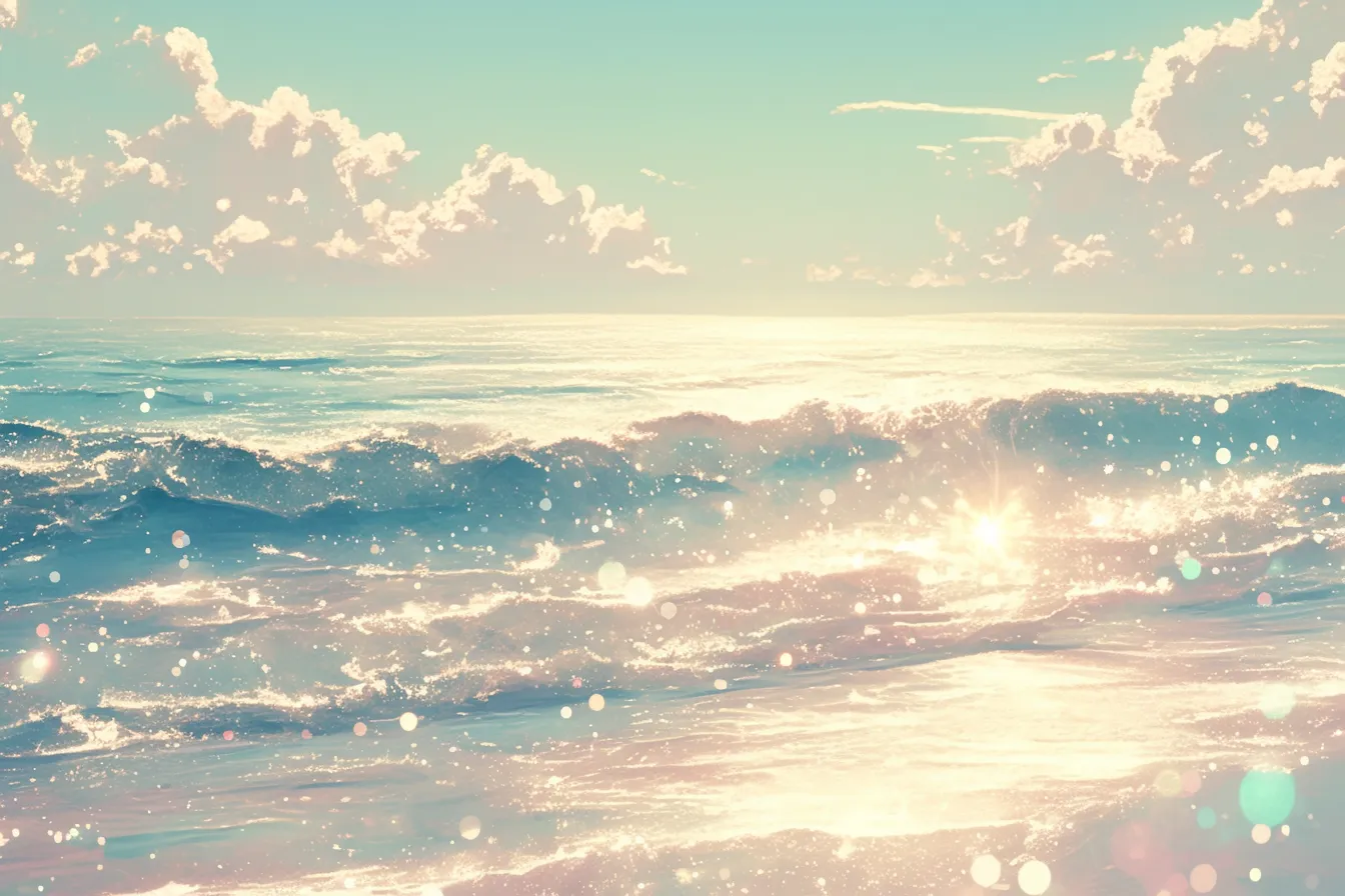 綺麗な夏の輝く海と波｜太陽の光を浴びて輝く波が幻想的に描かれた風景。水面のきらめきが特徴的で、綺麗な夏を印象づけるプロモーションやリゾート広告に活用できる。