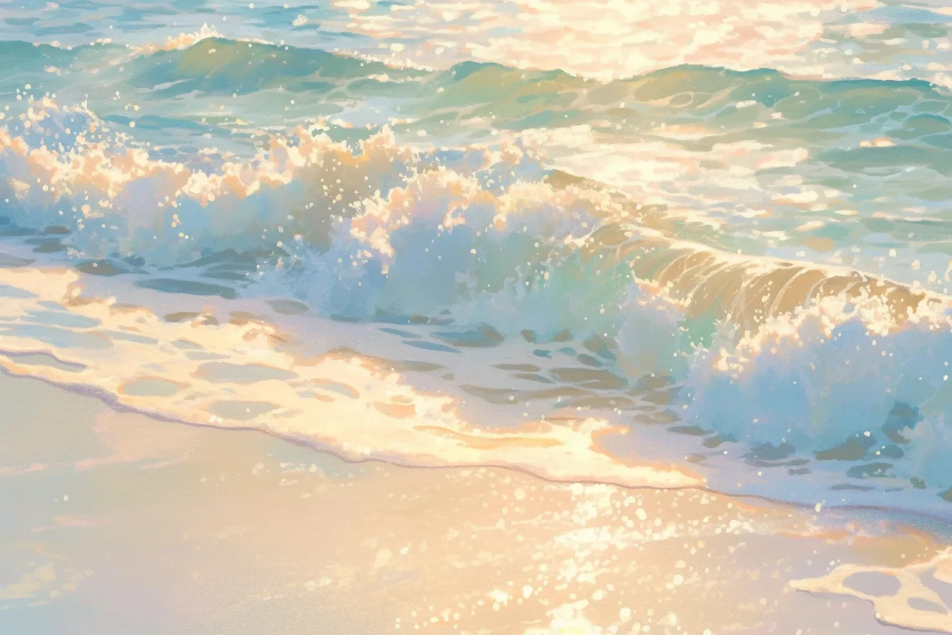 綺麗な夏の砂浜と打ち寄せる波｜砂浜に寄せる波がやさしくきらめきながら描かれた穏やかな構図。自然の美しさを前面に出し、綺麗な夏を伝える素材として旅行や癒し系の広告に適している。