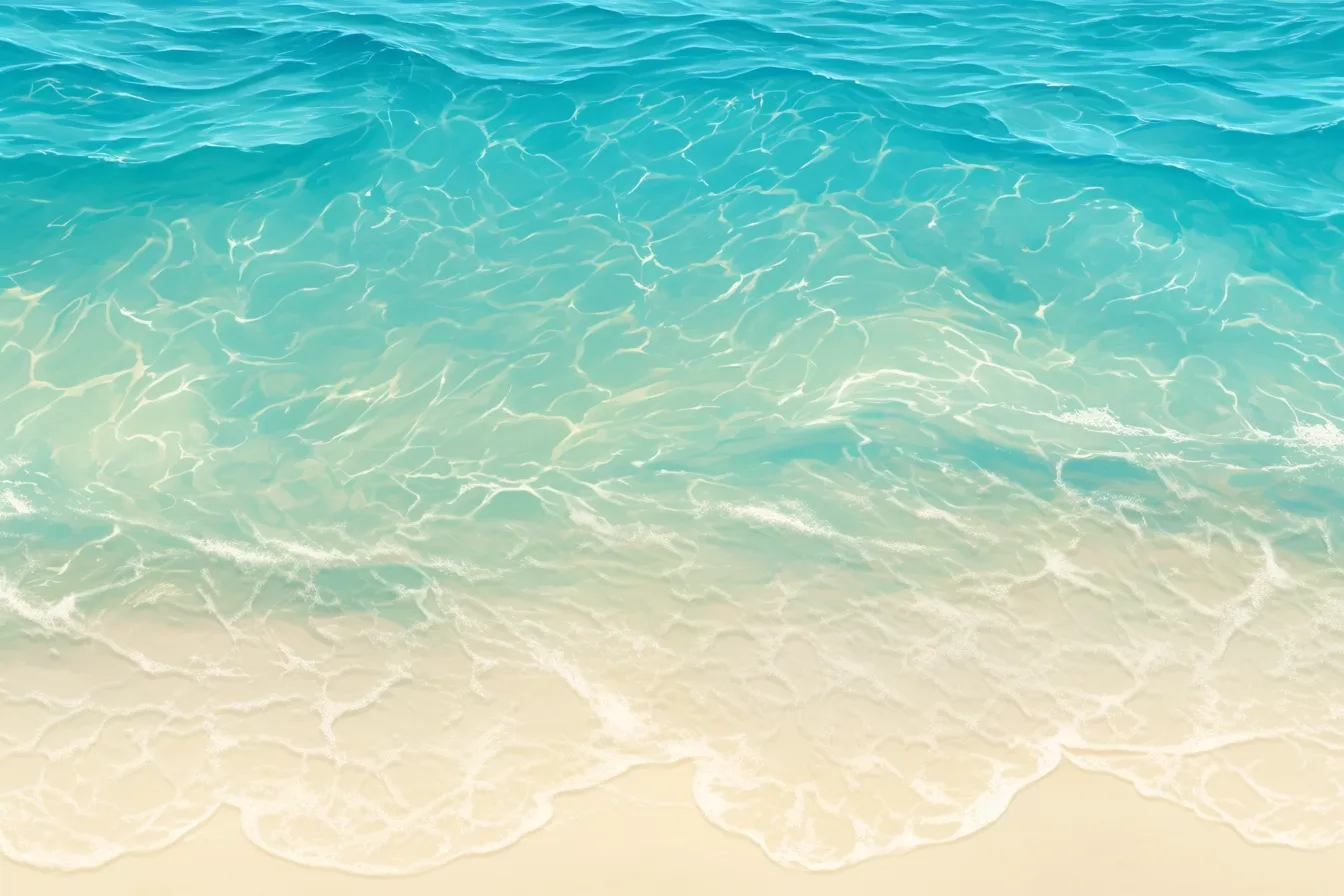 綺麗な夏の砂浜と透き通る波｜透明感のある波が白い砂浜に寄せる様子を描いた素材です。爽やかな色彩が清涼感を与え、綺麗な夏の雰囲気を引き立てています。旅行やリゾート関連の広告にも活用しやすい一枚です。