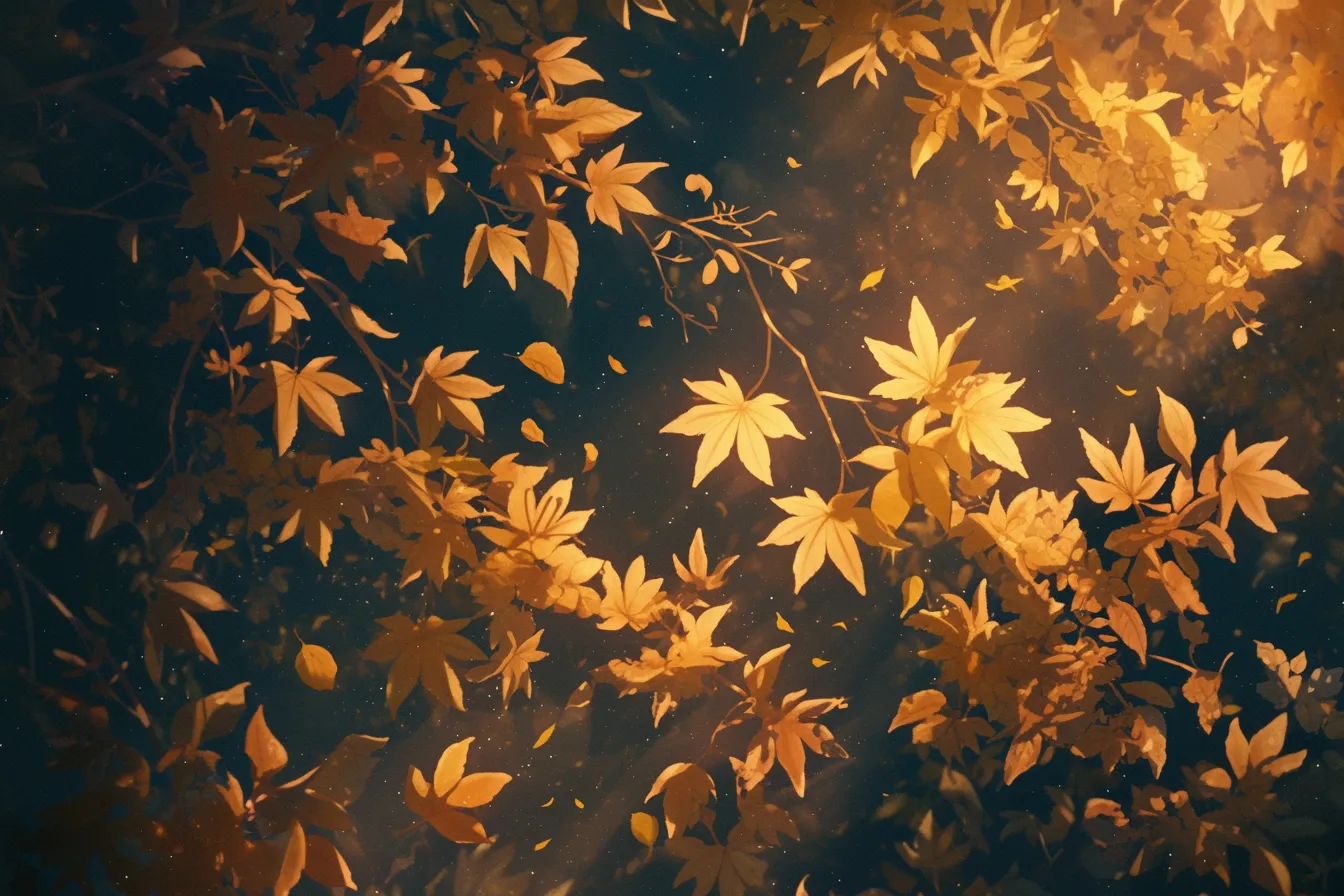 綺麗な秋の紅葉に包まれた枝葉｜濃淡のある紅葉が枝いっぱいに広がり、光の粒子が幻想的に舞うシーン。綺麗な秋を象徴する素材として、広告や映像制作の背景に適しています。