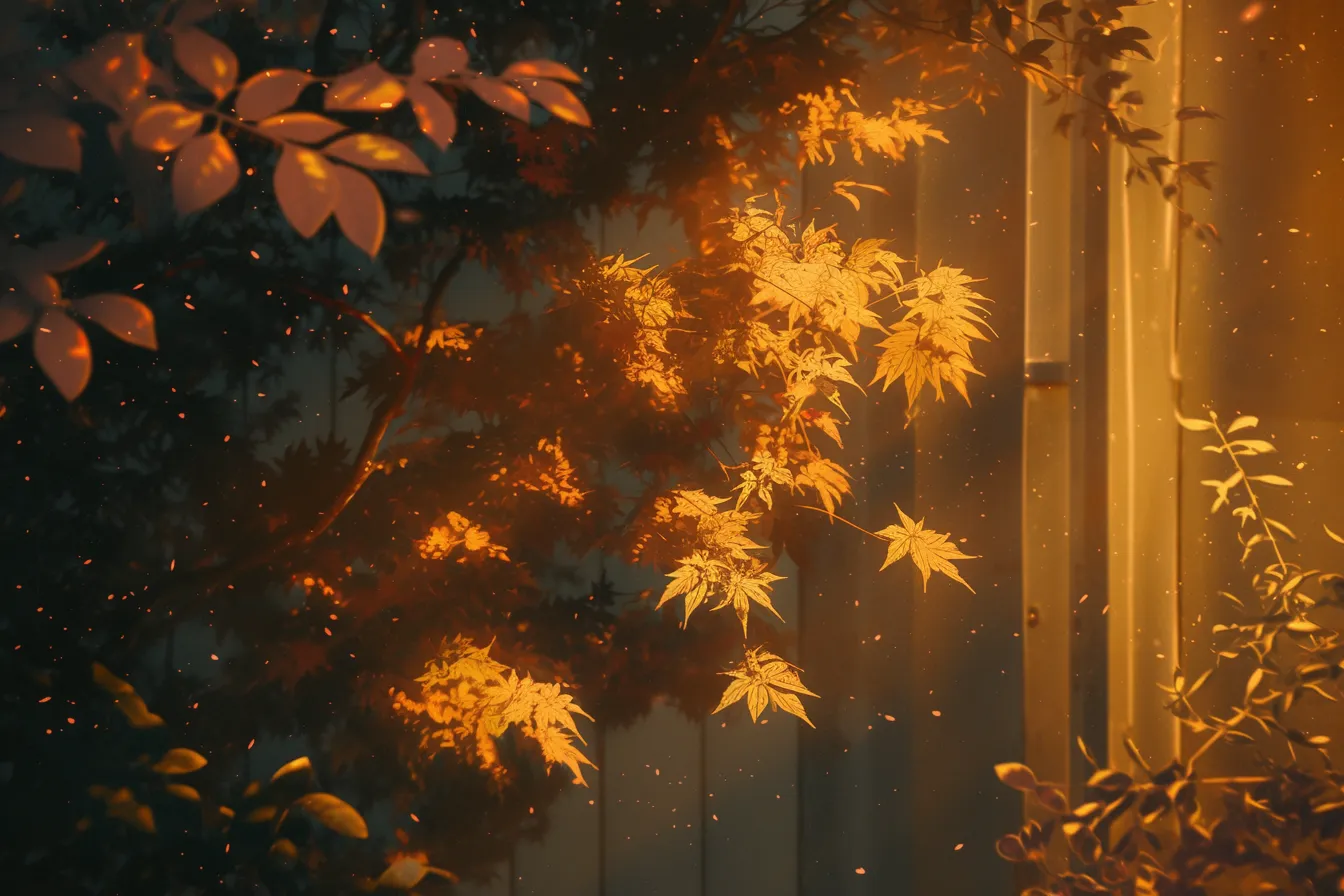 綺麗な秋の紅葉と夜の光景｜街灯に照らされた紅葉が輝き、温かみのある夜景を演出。綺麗な秋の都市的な雰囲気を演出でき、シーズンイベントや販促用素材に最適です。