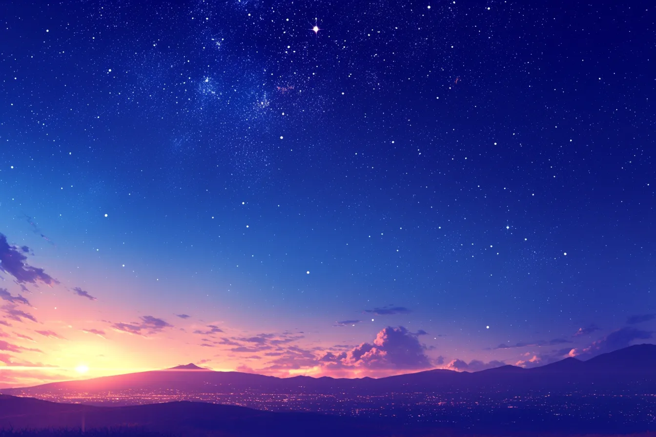 都市の夜景と星の綺麗な空｜街明かりと星が同時に輝くダイナミックな構図で、近代的かつ幻想的な雰囲気を持つ綺麗な空。演出効果の高い素材として適しています。