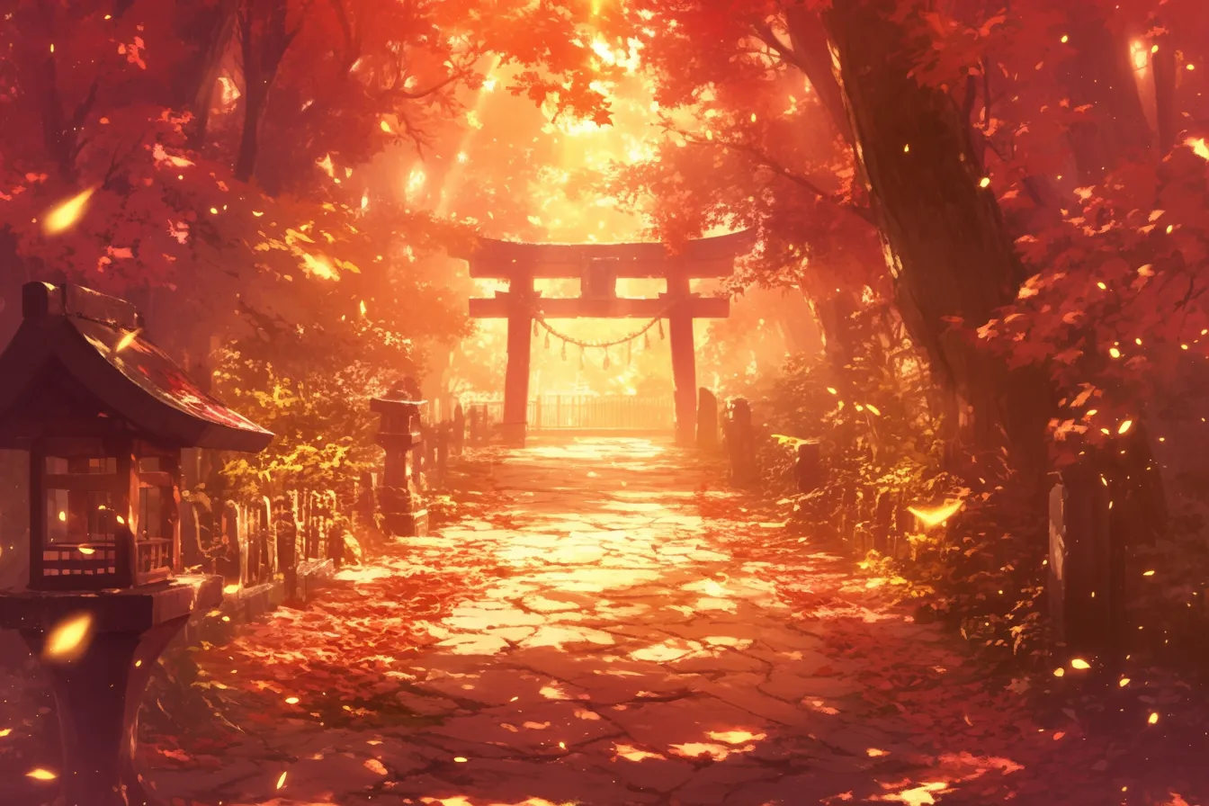 綺麗な秋の神社参道と鳥居の景色｜朱色の鳥居と参道を覆う紅葉が鮮烈に表現され、光の差し込みが幻想的な雰囲気を強調しています。綺麗な夏の印象を活かし、旅行や伝統文化の素材として広告や背景に適しています。