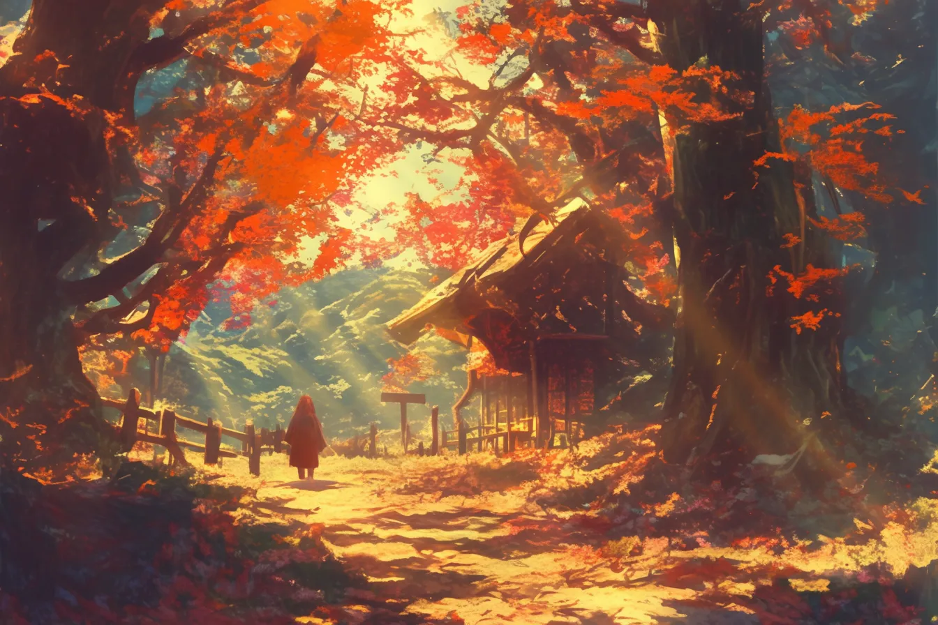 綺麗な秋の山間の社と大樹の風景｜巨木と社が並ぶ風景を鮮やかな赤の葉で彩り、差し込む光が温かみを与えています。綺麗な夏を感じさせる自然美が表現され、観光や四季のイメージに最適な写真素材です。