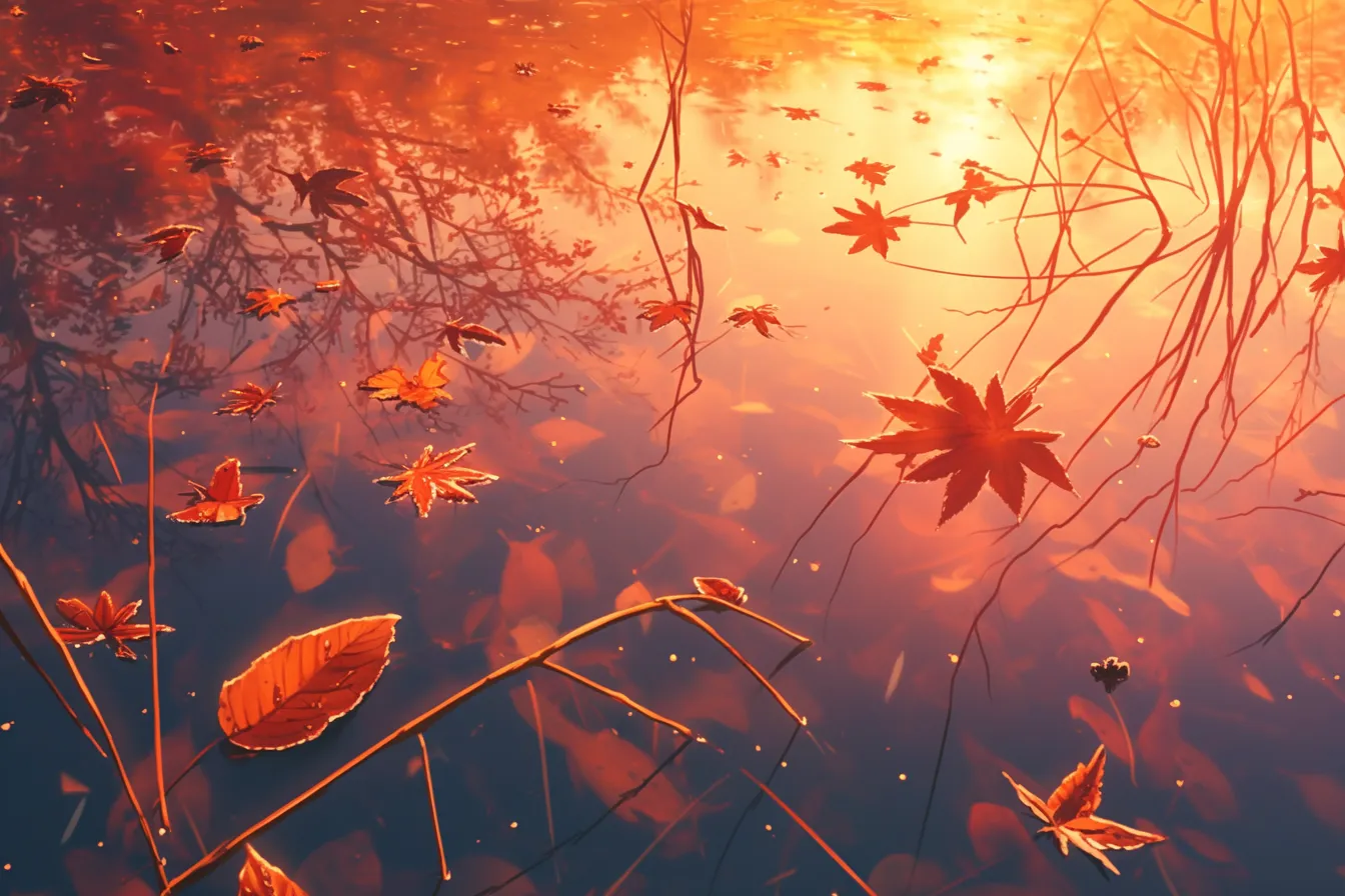 綺麗な秋の水面に浮かぶ紅葉の葉｜水面に浮かぶ葉を丁寧に描き、柔らかな光の反射が落ち着いた情緒を演出しています。綺麗な夏を背景にした静かな表現は、癒しや自然をテーマとするビジュアルに有効です。