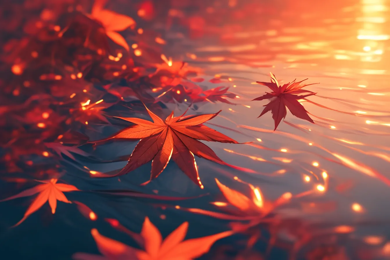 綺麗な秋の川面を彩る紅葉の葉｜光を浴びた葉が鮮明に浮かび上がり、水面のきらめきとともに幻想的な美しさを演出しています。綺麗な夏の自然表現が強調され、四季を表現する素材として有効です。